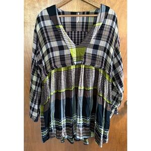 Free People Black Yellow Plaid Long Bell Sleeve Mini Dress Gauzy Grunge Goth Y2K